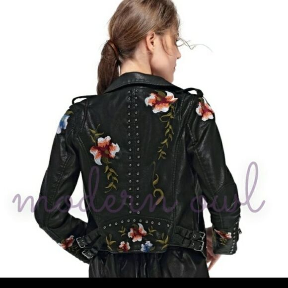 Leather Floral/accented Faux leather Moto Jacket sz L 8-10 XXL 14-16 - Picture 10 of 16
